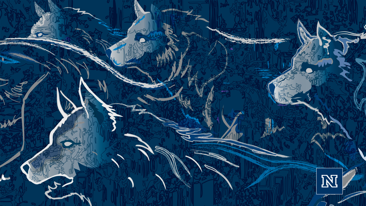 A pack of artistically drawn Nevada-blue wolves.